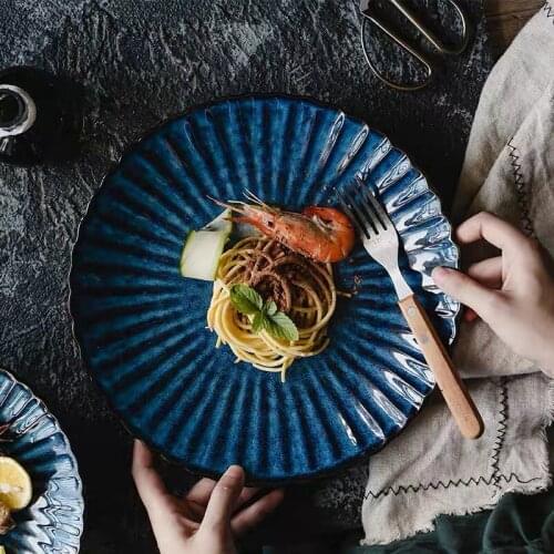 Klin Glazed Blue Color Dinner Round Plate Flat Beaf Pasta Dish Rice Display Tray Ceramic Tableware