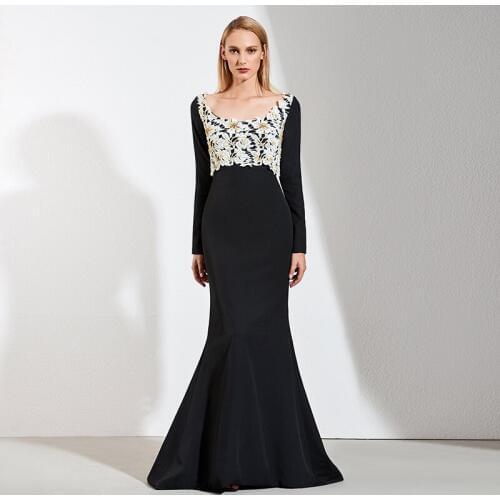 Tanpell lace black long evening dress square collar full sleeves floor length gown women cocktail custom formal evening dresses
