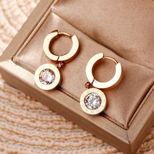 Fashion High Quality Zircon Roman Digital Earrings Ladies Party Titanium Steel Rose Gold Crystal Earrings Cute Jewelry