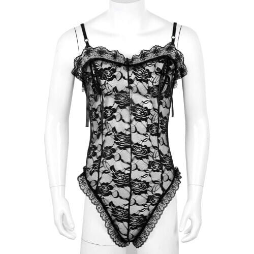 Men See-Through Bodysuits Black Lace Open Nipple Splits Sexy Gay Sissy Crossdresser Lingerie Thong Transparent Erotic Nightwear