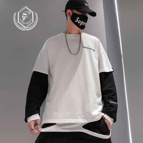 Men Fashion Loose Print Patchwork Casual Pullover Hip Hop Sweatshirts