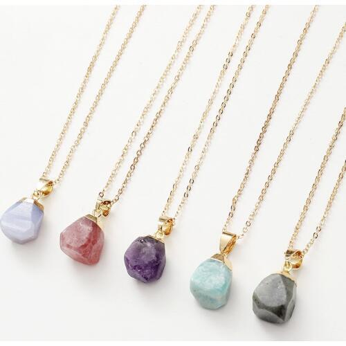 Natural Stone Necklace Raw Aquamarines Amethysts Crystal Flash Labradorite Geometric Pendant Necklace for Women Men Jewelry Gift