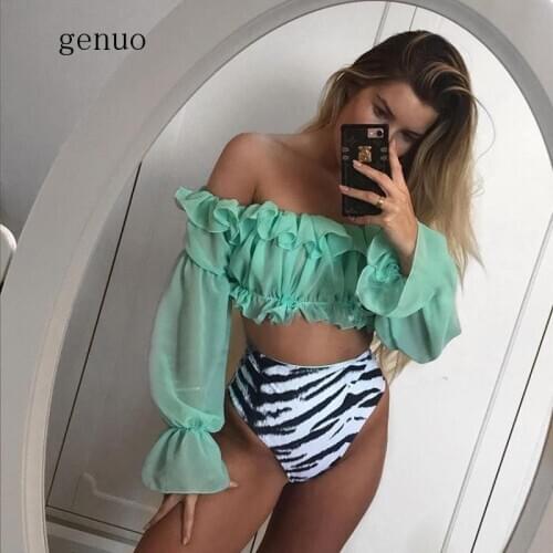 Sexy Neon Green Bikini Set Mesh Long Sleeve Swimsuit Female High Waist Bikini 2020 Snake Print Swimwear Bathing Suit Women