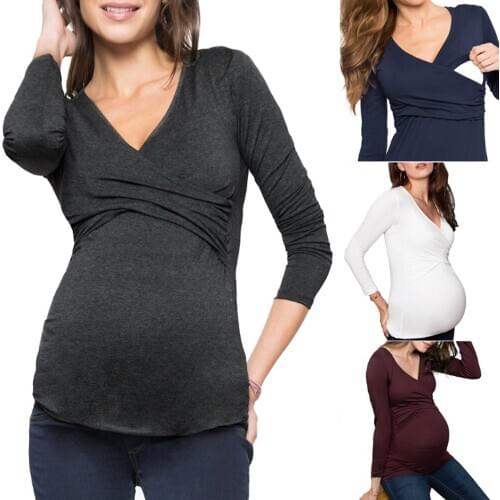 Casual Women Long Sleeve Maternity Tops Breastfeeding Ladies T-Shirt Loose Mom Pregnancy Loose Clothes Side Ruched Mummy T Shirt