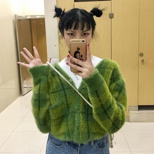 Harajuku Fuzzy Green Plaid Cardigan Lazy Wind Loose Sweater Women Vintage Mink Check V-neck Cropped Shaggy Knitting Tops Female