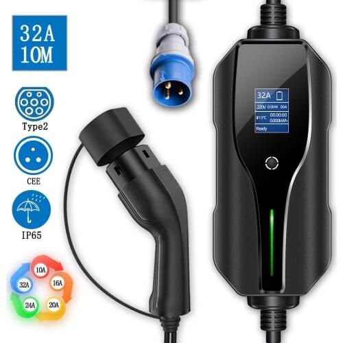 Adjustable Home Electric Vehicle Car Charger IEC 62196 Type2 32A EV Portable Charger 10metres EV Charging Cabl With CEE Plug