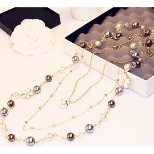 Luxury famous camellia three-tier sweater chain necklace fashion crystal pearl rose flower necklace for women party
