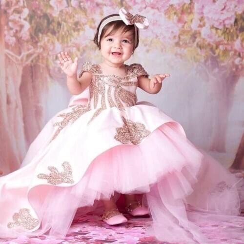 Cap Sleeve Pink Llace Applique Flower Girl Dress First Communication Dresses Christening Baby Dresses Gown Custom Free Headband