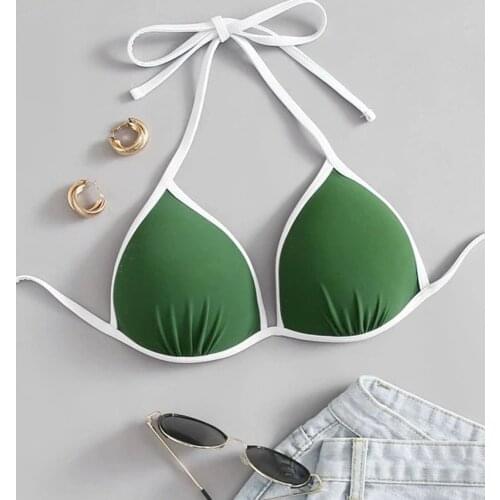 Bikini Top Women One-Piece Suit Solid Color Triangle Push Up Padded Sexy Swimwear Bodysuit Halter Monokini New Beachwear 2021