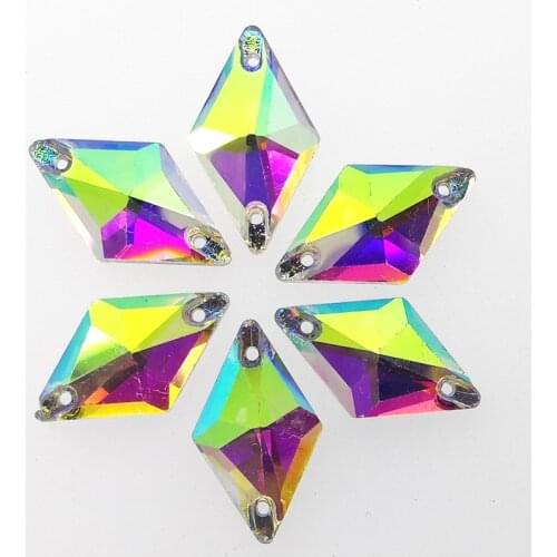 Topstone 11x19mm Glass Crystal Rhombus Sew On Stone Clear AB Color Flatback 2 holes Rhinestones for Dress Making