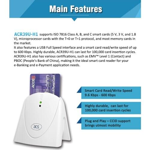 USB Type A Connector ISO7816 Access Control Smart Card Reader ACR39U-H1