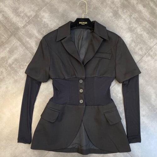 ZCSMLL Summer Autumn Lapel Stitching See-through Mesh Long-sleeved Fish Bone Waist and Thin Ins Suit Jacket 2021 New Tide