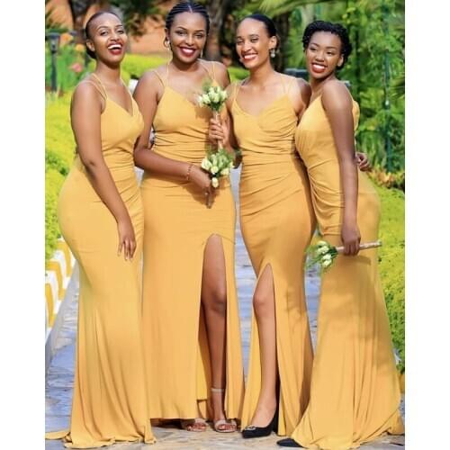 Yellow Spandex Mermaid Bridesmaid Dress Long 2020 Spaghetti Straps V Neck Split Side Backless Wedding Guest Dress