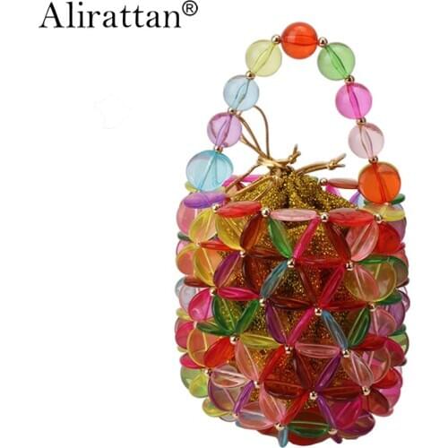 Alirattan New Acrylic Bucket Handbags Summer Luxury Brand Fashion Women Vintage Beaded Pearl Bag Totes Wholesale Ins K32