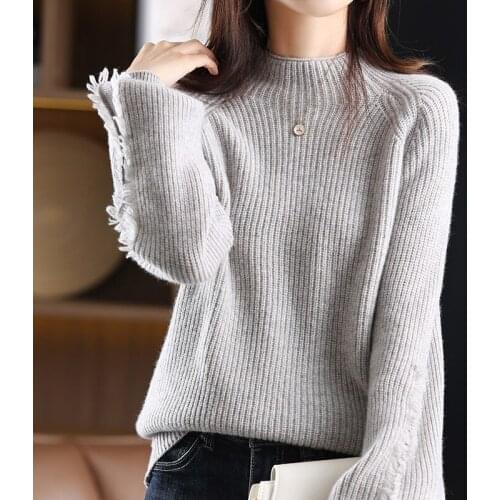 Autumn and winter new cashmere sweater womens half high neck Pullover solid color sweater loose fit 100% wool sweater
