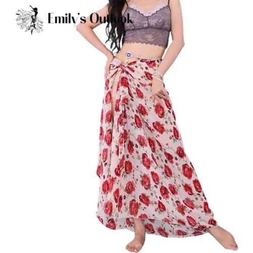 Belly Dance Skirt Women Chiffon Floral Wrap Scarf Rose Print Oriental Dance Performance Class Suit