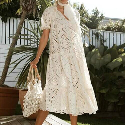 AYUALIN white cotton long lace dresses tunic robe vintage floral emboidery v neck loose boho dress summer casual lady vestidos