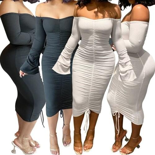 2021 Hot Sale Spring And Summer Slash Neck Women Flare Sleeve Off Shoulder Bodycon Dress For Woman New Style