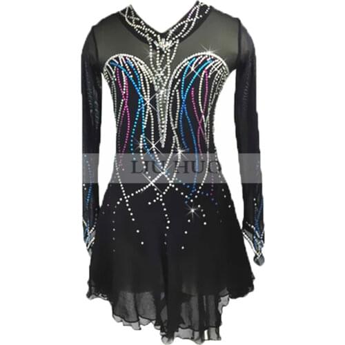 Figure Skating Dress Womens Girls' Ice skating Dress Match clothing Black halter V-neck long sleeve Delicate striped diamond