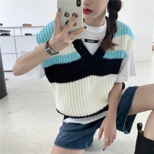 New Womens Hit Color Stripe Knit Vest Fall Winter Korean Casual Loose V-neck Sleeveless Sweaters For Female Fashion Vests 2020