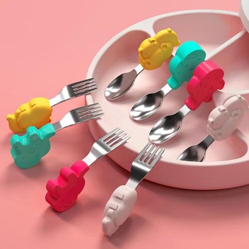 2Pcs/Set Silicone Baby Spoon Fork Set Cartoon Stainless Steel Baby Feeding Stuff Kids Learn To Eat Training Spoon Forks