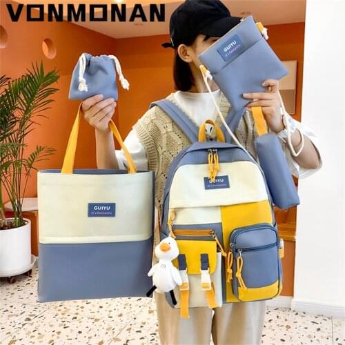 5 Pcs Kawaii Women Backpack Purses Cute Canvas School Book Bag for Teenage Girls College Bagpack Student Book Bag Rucksack 2021