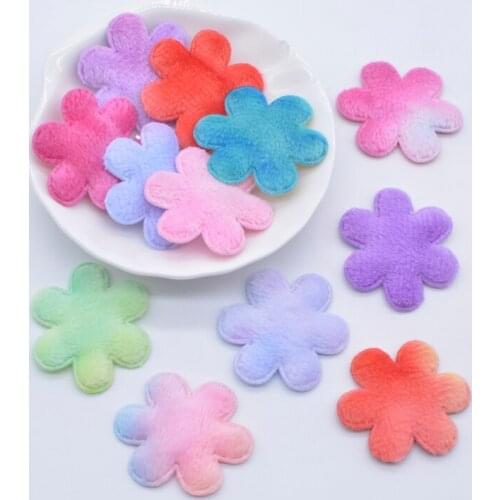 50Pcs 32mm Padded Rainbow Plush Furry Flower Applique for DIY Headwear Hair Clips Bow Accessory Handmade Clothes Hat Shoes Decor