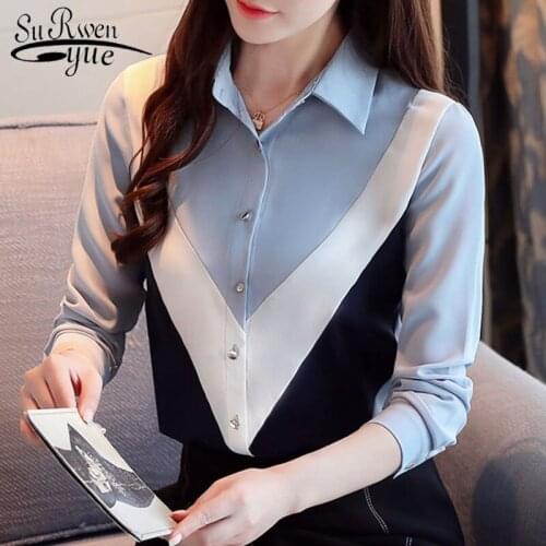 Blusas mujer de moda 2021 OL Chiffon blouse for women tops Spliced Solid ladies tops solid button korean clothing women 8460 50