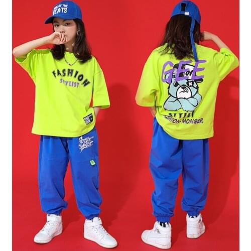 Childrens Loose Short Sleeve T Shirt Green Dance Costume Hip Hop Practice Wear Boys Girls Ballroom Jazz Dancing Clothes BL6471