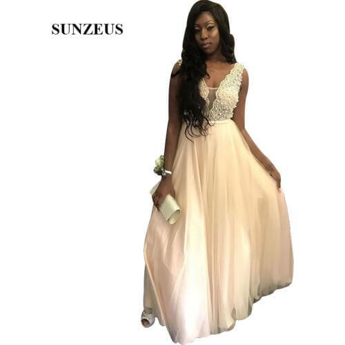 Long Tulle Prom Dress A-line Pearls Lace Party Gowns V-neck Tank Floor Length Black Girl vestido para formatura