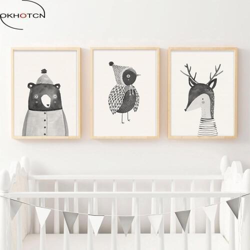 Art Canvas Poster Print Woodland Animal Deer Bear Bird Wall Nordic Posters Nursery For Baby Room Decor Painting Picture