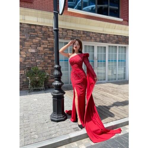 Red Gowns One Shoulder Mermaid Sexy Evening Dressese Sleeve less Lace PearlsFashion Ladies Bling Bling Eveningdress Luxury Dress