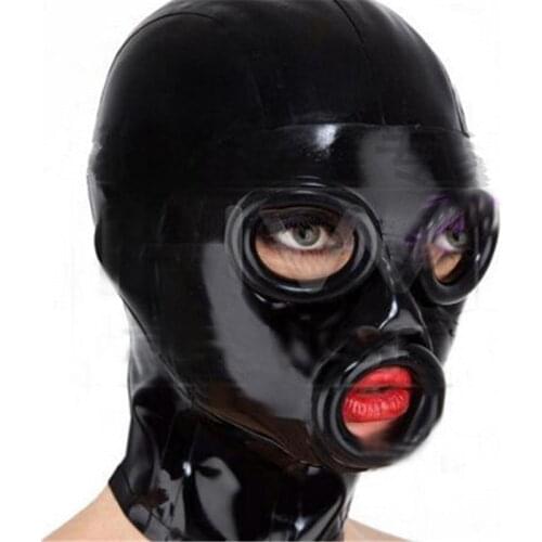 Hot Sexy Black Full Face Natural Latex Hood Open Eye Mouth for Women Sexy Handmade Adults Cosplay Game Mask Toys