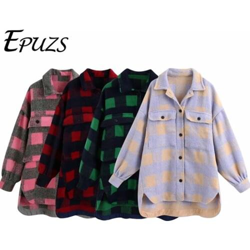 Fashion purple plaid woolen jcket women oversized coat thick long winter coat casual plaid top female long shirt outwear 2020