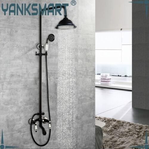 YANKSMART Black Bathroom Shower Set Wall Mount 8 Inch Shower Set 3-Functions Mixer Faucet Set Vintage Rainfall Shower Mixer Tap