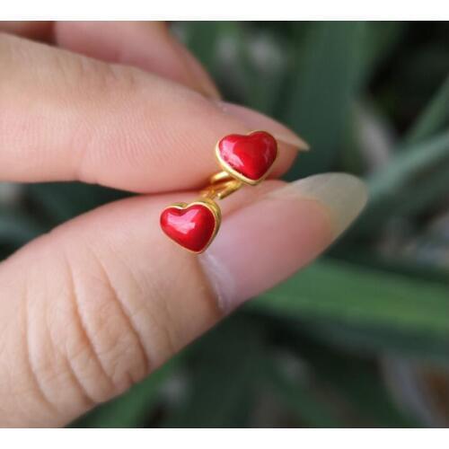New Arrival Pure 24K Yellow Gold Earrings Red Heart Stud Earrings