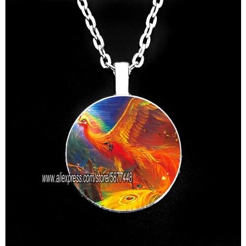 Fire Red Phoenix Glass Cabochon Statement Necklace & Pendant Jewelry Vintage Charm Chain Choker Punk Jewelry Gift for Men