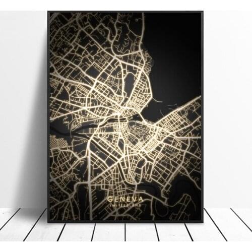 Basel Bern Geneva Zurich Switzerland Black and gold Canvas Wall Art Map Poster