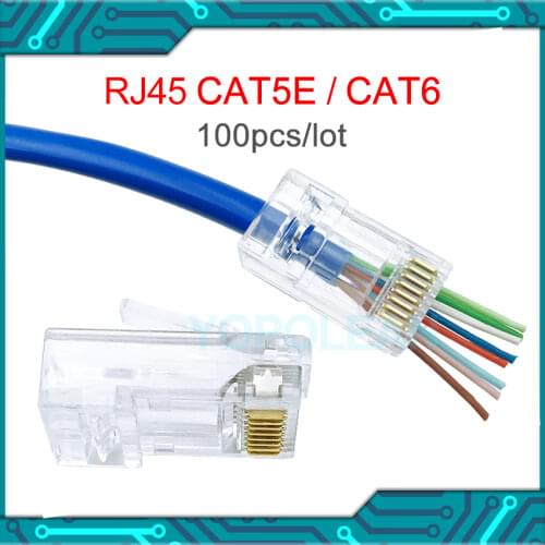 100pcs/Lot RJ45 Cat 5E Cat 6 Network Modular Plug 8P8C CAT5E CAT6 Ethernet Cable Connector Gold Plated Pass Through