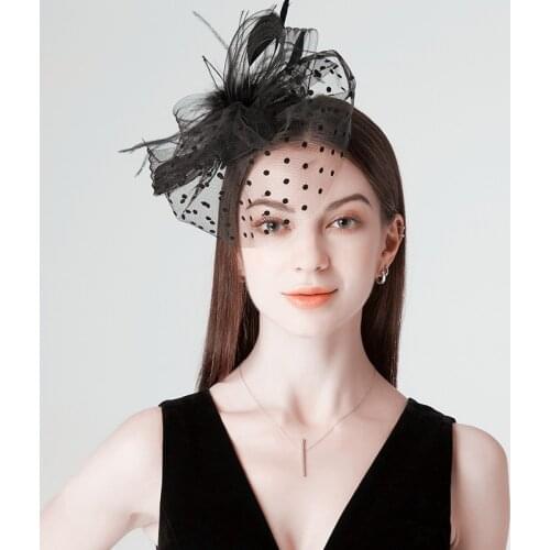 Womens Retro Wave Point Mesh Veil Hat Fluffy Feather Solid Color Alligator Hair Clip Half Face Cover Bowknot Fascinator Small
