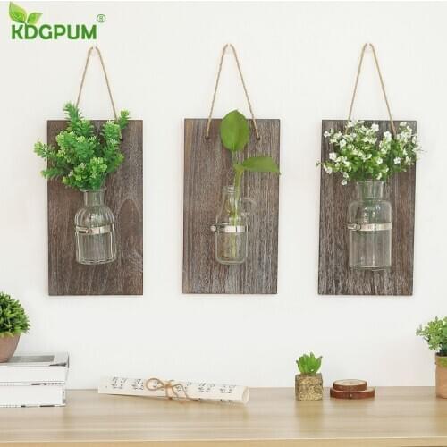 Glass and Wood Vase Terrarium Vertical Wall Hanging Hydroponics Plant Bonsai Flower Pot Planter 3 Choices Available Home Decor