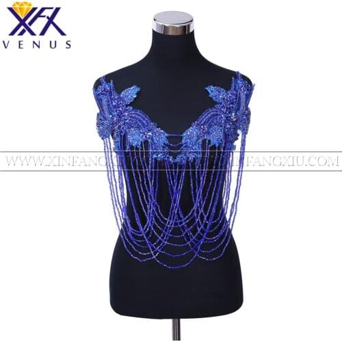 XFX VENUS 1 Piece Rhinestones Royal Blue Beads Applique Fringe Crystals Decorative Patches Bridal Trimming Dress Patch