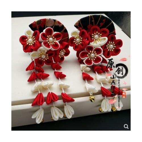 Japanese Hanfu Kimono Geisha Red Sakura Hair Clip Antiquity Hair Accessories Fan Bell Tassel Hairpin Tsumami zaiku Headdress