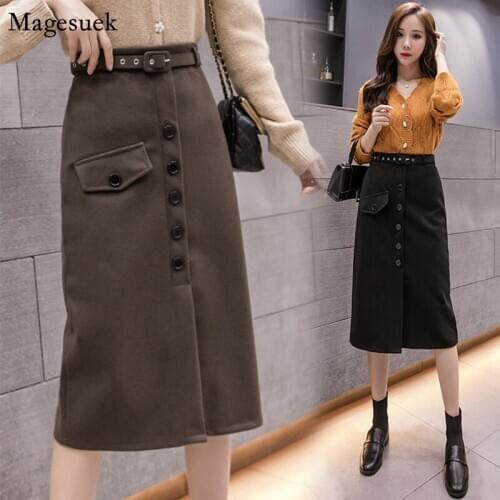 Autumn Korean Wool Vintage Midi Skirt A-Line Button Skirts Womens 2021 Winter Black Skirt Casual Long Skirt Faldas Mujer 12133