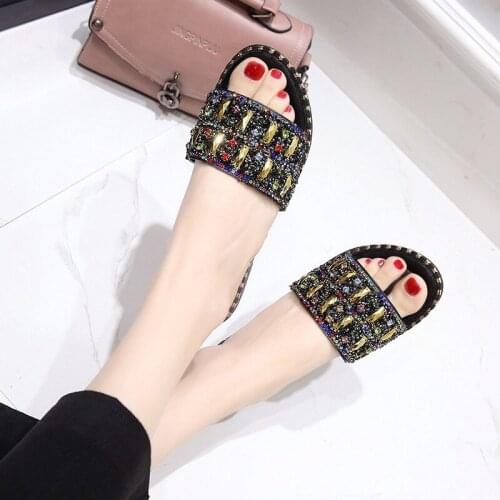 Womens Sequin Rhinestone All-match Flat Sandals Fashionable Summer Outerwear Beach Shoes Outdoor Indoor 2021 Slippers