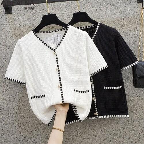 2021 Women Summer white Cardigan Knitted Sweater Coat Female plus size korean fashion V Neck Casual Short Sleeve Pocket Tops 4XL