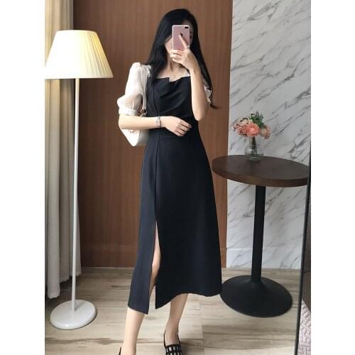 Office Maxi Dresses For Woman Long Summer 2021 Ladies Clothing Women Casual Mini Dress Black 2021 Girl Sundress Split Fork O8ku