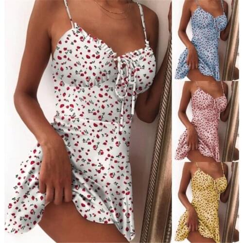 2020 Women Fruit Printed Sweet Sling Dress Ladies Summer Fashion Sleeveless Sexy V-neck Lace-up Dress Party Shopping Daily Wear