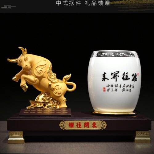 2021 Company home shop thriving business Money Good luck Fortune Success gold bull brass Sculpture office pen holder Ornament