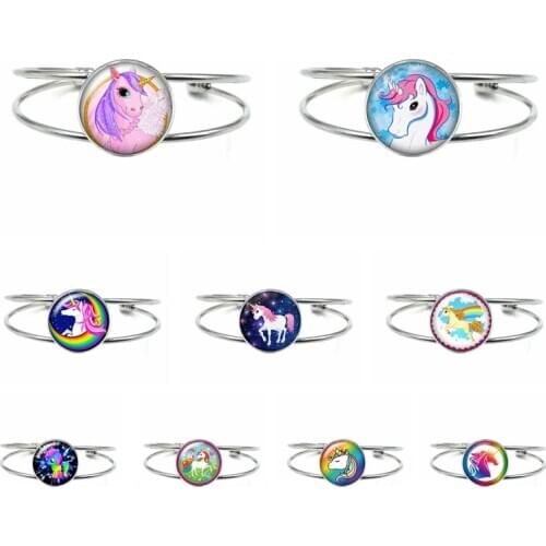 2021 Childrens Jewelry New Popular Anime Mini Unicorn Girl Glass Tibetan Silver Open Men and Women Bracelet Charm